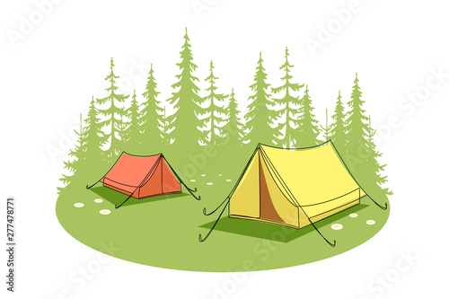 Summer camp. Wild nature landscape with camping tents. Outdoor recreation and tourism. Vector illustration