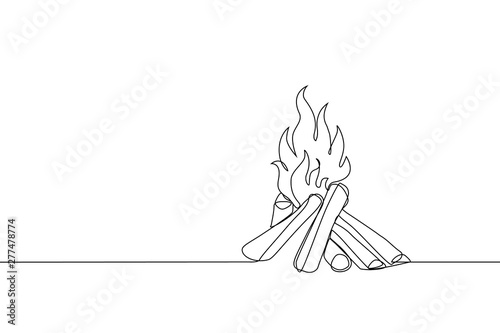 Bonfire in one line art drawing style. Campfire black line sketch on white background. Vector illustration