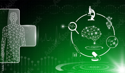 abstract background technology concept in green light,human body heal,technology modern medical science in future and global international medical with tests analysis clone DNA human