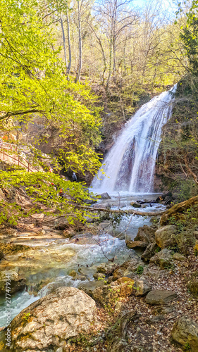 Fototapeta Naklejka Na Ścianę i Meble -  View on beautiful forest waterfall over trees and stones