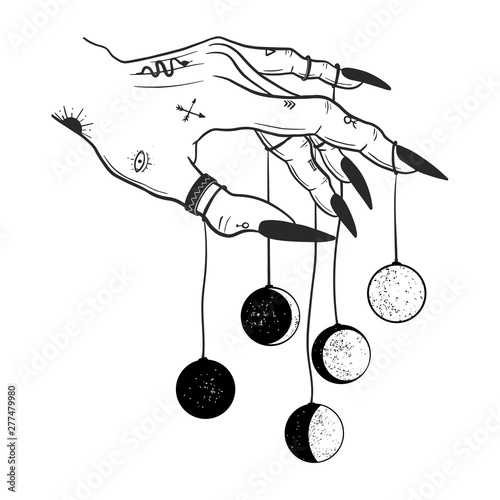 Hand drawn line art of witch hand holding moon phases. Boho chic flash tattoo, poster, altar veil or tapestry print design vector illustration