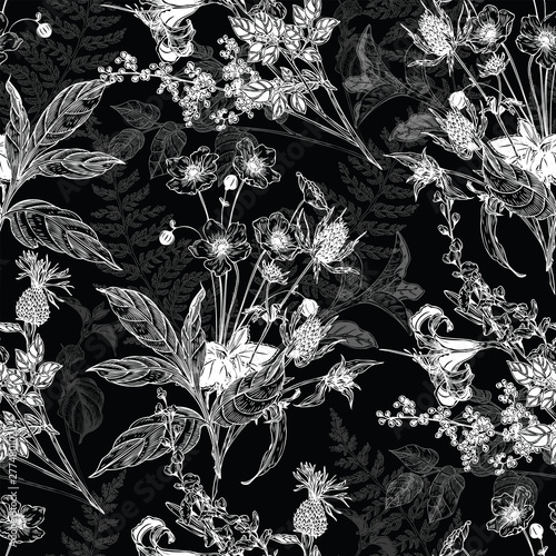 Seamless hand drawn vintage pattern with detailed flowers and herbs. Black and white graphic decoration for paper, textile, wrapping decoration, scrap-booking, t-shirt, cards.