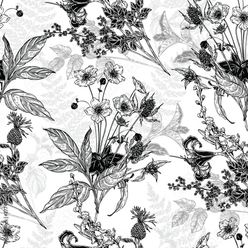 Seamless hand drawn vintage pattern with detailed flowers and herbs. Black and white graphic decoration for paper, textile, wrapping decoration, scrap-booking, t-shirt, cards.