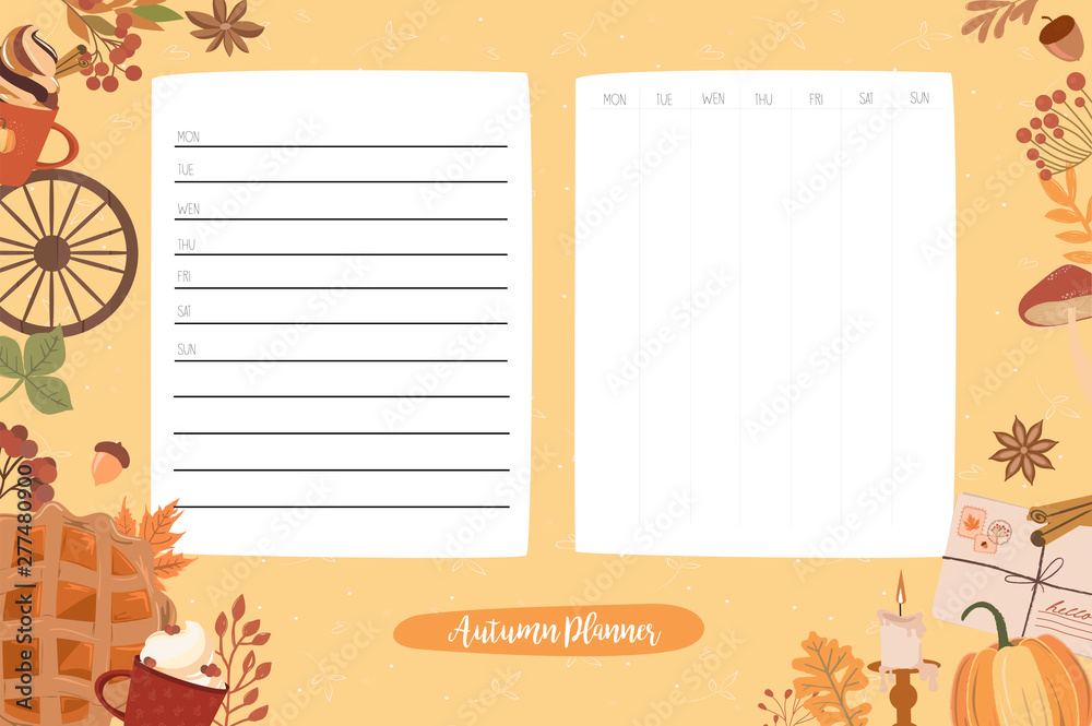 Fototapeta premium Set of weekly planner with autumn elements. Template for organizer, schedule and note background. Editable vector illustration