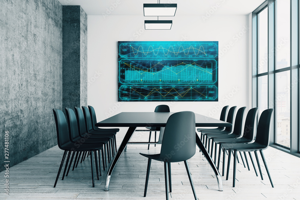 Conference room interior with financial chart on screen monitor on the wall. Stock market analysis concept. 3d rendering. Conference room interior with financial chart on screen monitor on the wall. Stock market analysis concept. 3d rendering.