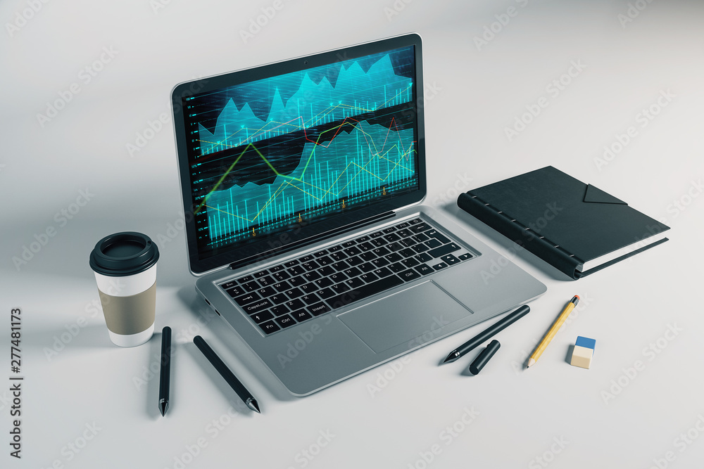 Laptop closeup with forex graph on computer screen. Financial trading and education concept. 3d rendering. Laptop closeup with forex graph on computer screen. Financial trading and education concept. 3d rendering.