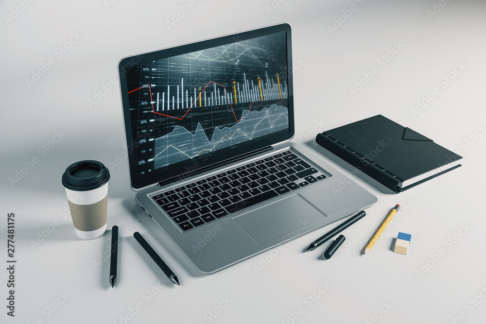 Laptop closeup with forex graph on computer screen. Financial trading and education concept. 3d rendering. Laptop closeup with forex graph on computer screen. Financial trading and education concept. 3d rendering.