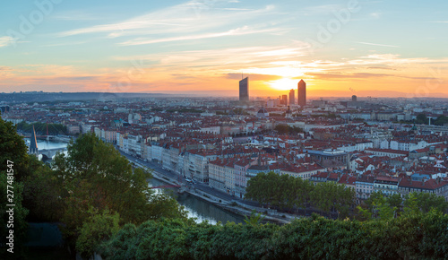 Towers of Part-Dieu, Lyon, during a summer sunrise.
