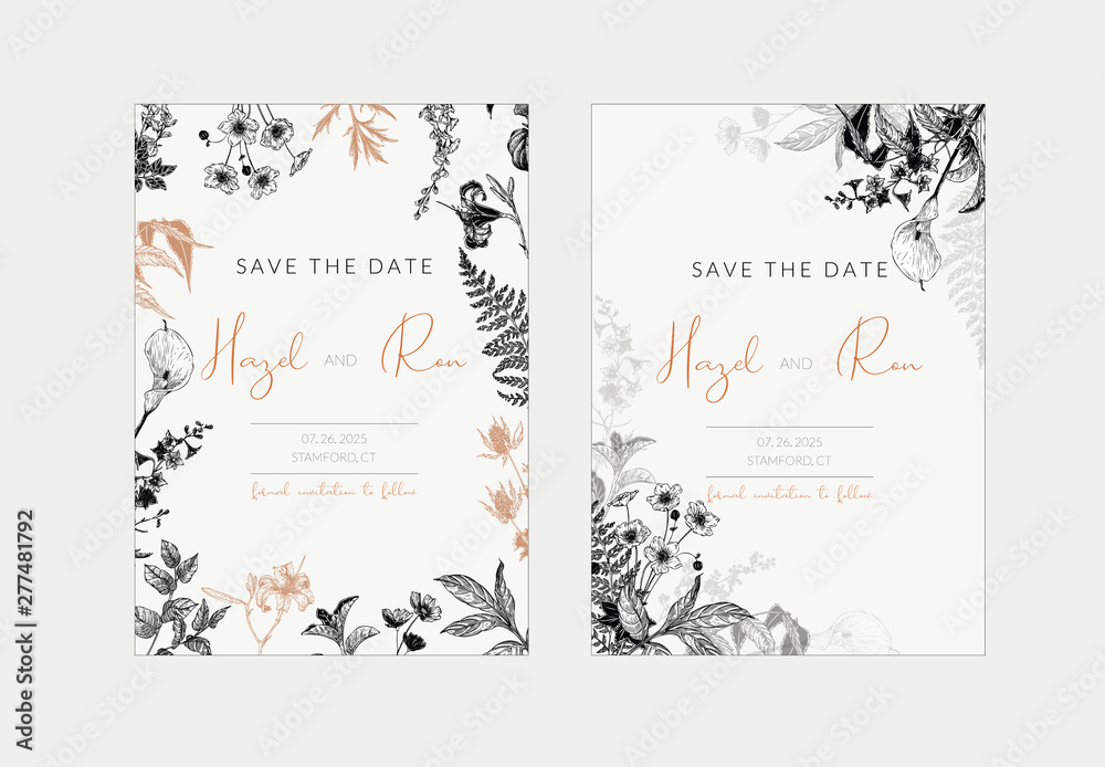 Botanical wedding invitation template set with hand drawn herbs and flowers. Save the Date card template in vitnage style