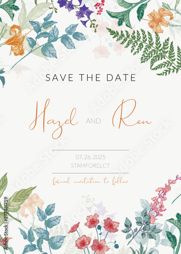 Botanical wedding invitation template with hand drawn herbs and flowers. Colored Save the Date card template in vitnage style