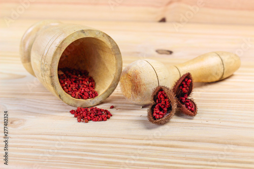 wooden mortar to grind and Annatto tree (Bixa orellana L.) of Thailand medicinal properties of the drug