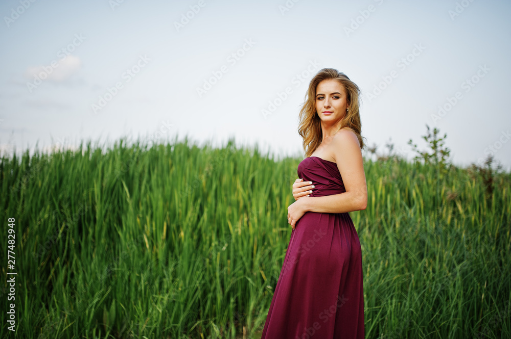 Blonde sensual woman in red marsala dress posing in the reeds. Blonde sensual woman in red marsala dress posing in the reeds.