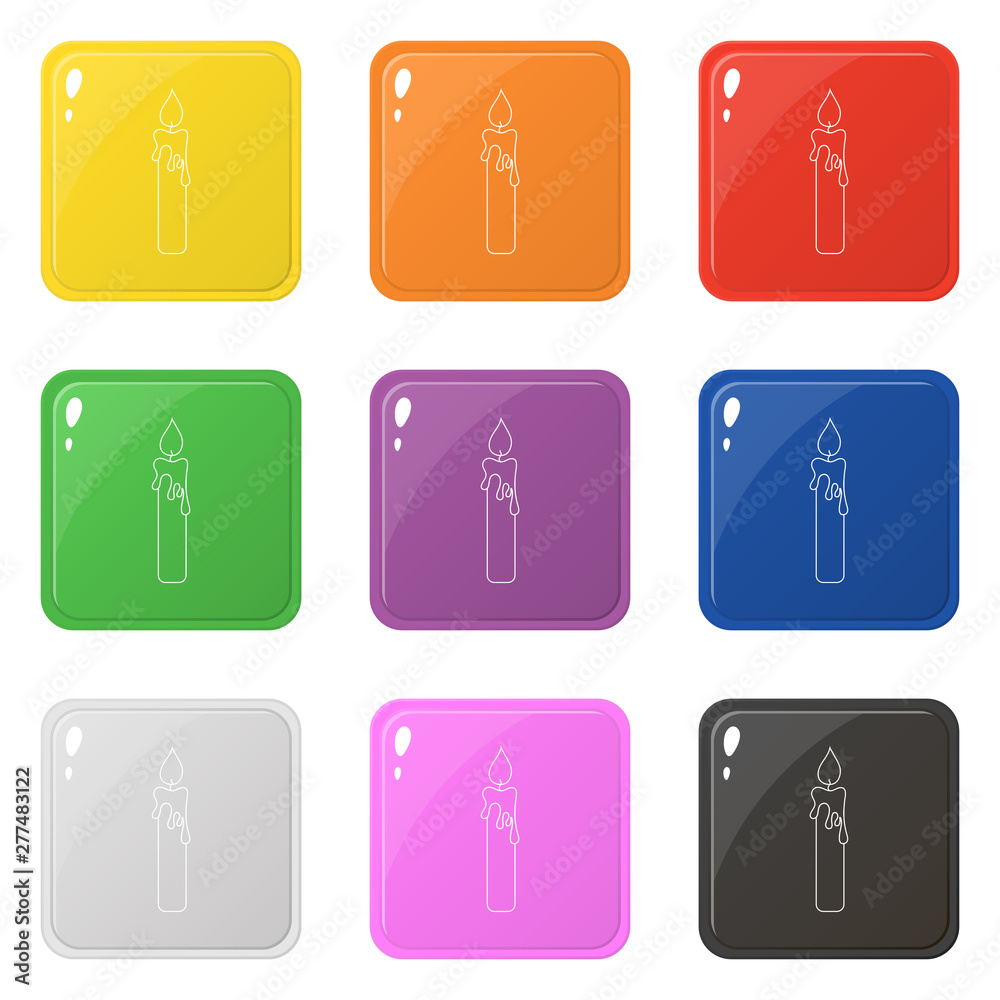 Line style candle icons set 9 colors isolated on white. Collection of glossy square colorful buttons. Vector illustration for any design.