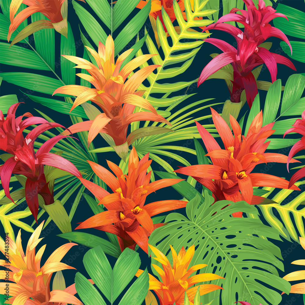 Obraz premium Seamless tropical pattern with guzmania flowers and palm leaves background. Vector set of exotic tropical garden for holiday invitation, greeting card and textile fashion design.