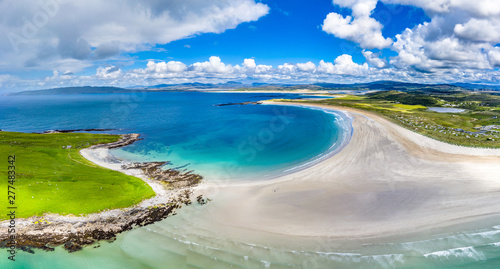 Aerial view of the awarded Narin Beach by Portnoo and Inishkeel Island in County Donegal, Ireland