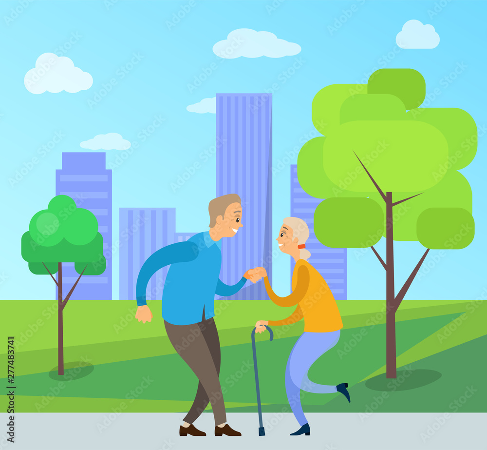 Old lovers dancing outdoor, pensioners in casual clothes moving in urban park, side view of elderly man and woman near trees and skyscrapers vector