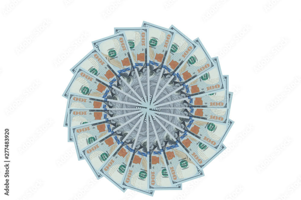 Artistic pattern made from dollar bills Snowflake, flower or star Isolated with a clipping path on white background. Top view.