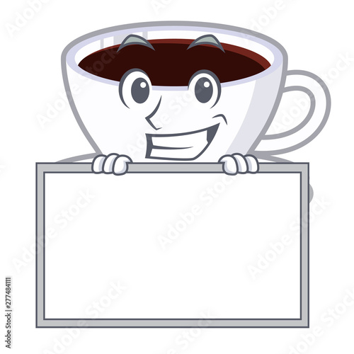 Grinning with board latte macchiato isolated with the mascot