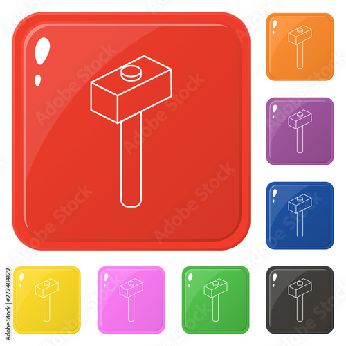 Line style hammer icons set 8 colors isolated on white. Collection of glossy square colorful buttons. Vector illustration for any design.