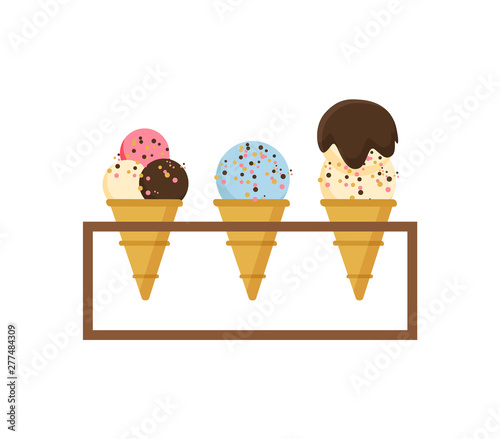 Ice cream set vector, isolated dessert with different tastes and fillings, crusty cone waffle with creme colored, yummy food in summer shop products
