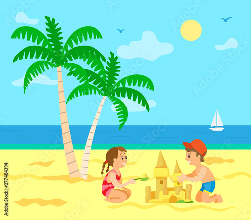 Children building sand castle vector, kids on summer vacations. Summertime fun, sailboat on sea, palm tree with exotic foliage and hot sand, sunny weather