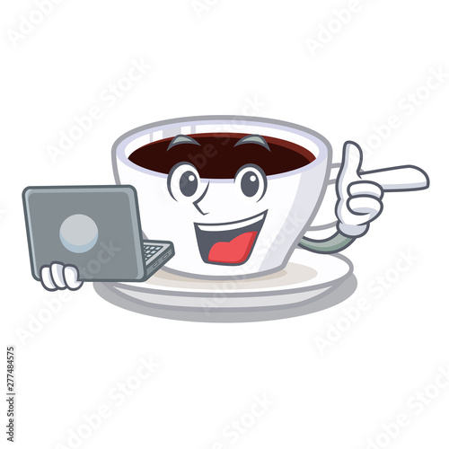 With laptop latte macchiato isolated with the mascot