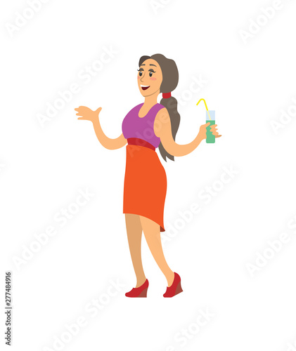 Woman holding cocktail in colorful evening dress vector. Smiling girl standing with drink. Disco entertainment, fashion person joying in nightclub