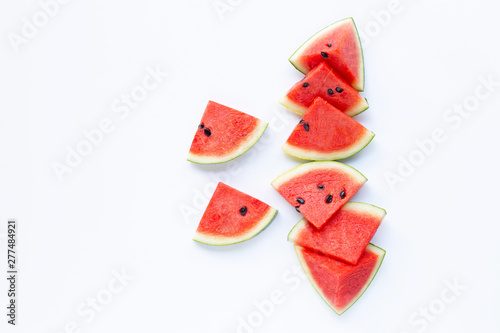 Summer fruit, Red watermelon slices on white background.