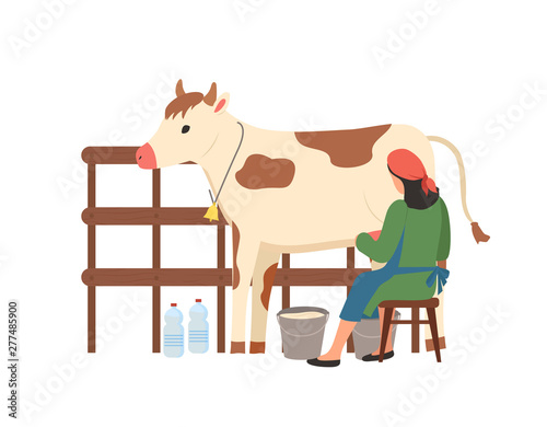 Breeding of animals and tending cows vector, milkmaid working with cattle in stable. Isolated worker with bottles sitting on stool by metal bucket
