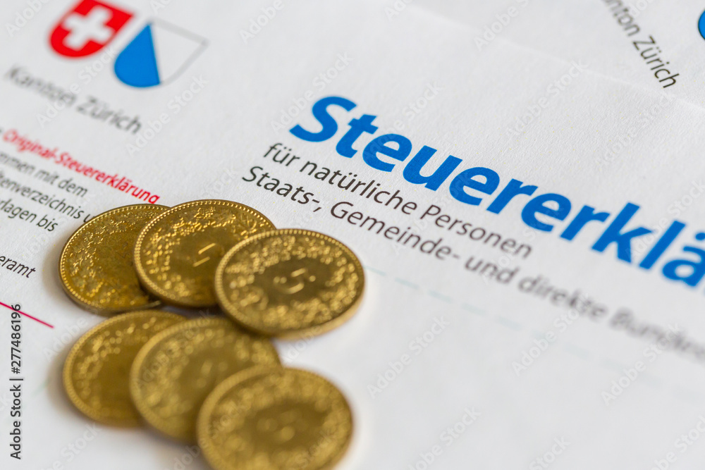 six golden coins on Swiss tax declaration form, Canton of Zurich