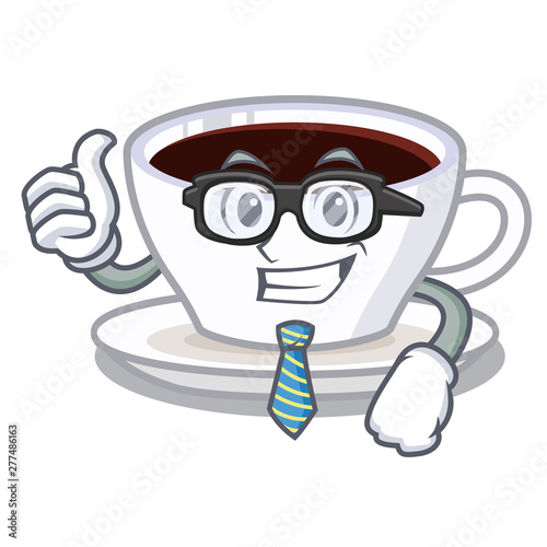 Businessman latte macchiato poured in cartoon glass