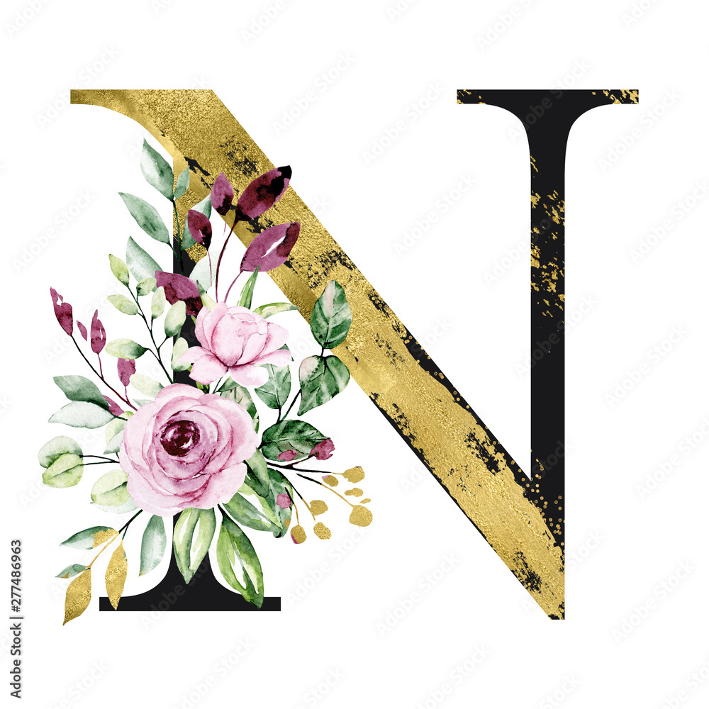 Floral gold alphabet, letter n with watercolor flowers and leaves ...