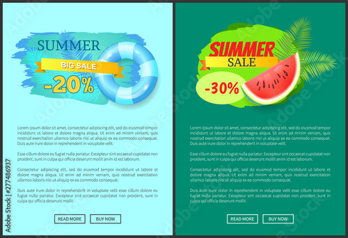 Summer big sale, summertime proposition for clients of shop. Lifebuoy and tropical trees leaves. Watermelon with text promotion, clearance vector