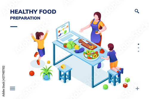 Isometric view on kitchen with family cooking healthy or vegetarian meal. Woman and children at vegan food preparation. Smartphone application page for home recipe or online cookbook.Organic nutrition