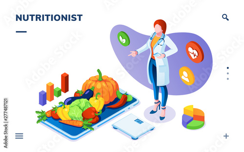 Dietician or nutritionist with vegetables on plate and scales. Isometric page for dieting, weight control application. Vegetarian salad ingredients for healthy food, weight loss plan, calorie checking