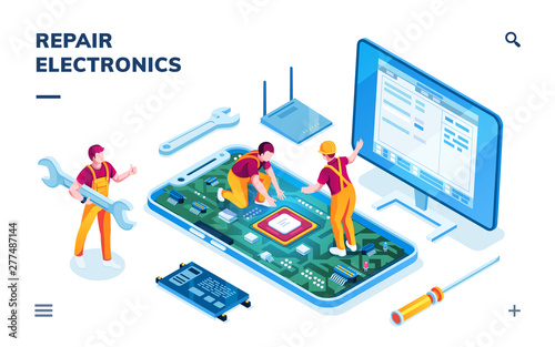 Isometric page for electronics repair service. Worker with wrench and serviceman repairing smartphone board, technician doing cellular phone data restoration. Maintenance center application,fixing app