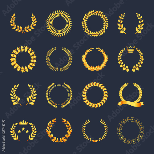 Set premium quality golden laurel wreath gold silhouette leaves