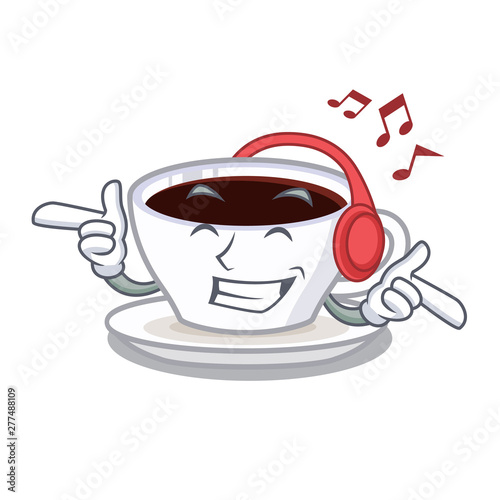 Listening music latte macchiato in the cartoos shape