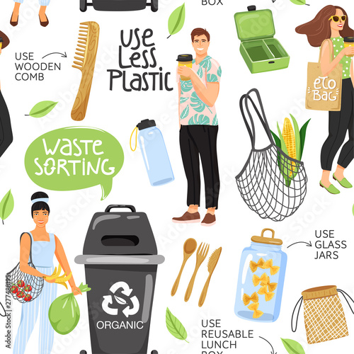Seamless pattern with different eco objects and people. Recycling concept. Shopping bag, container, comb, cutlery, jar, lunch box, leaf etc. Texture for textile, wrapping paper and packaging. Vector.