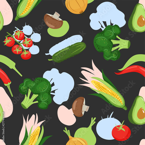 Fototapeta Naklejka Na Ścianę i Meble -  Contemporary seamless pattern with  vegetable and abstract elements. Creative floral collage. Vector texture for textile, wrapping paper, packaging etc. Vector illustration on black background.