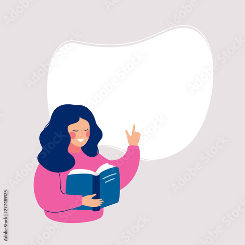 Smiling woman reading a book and points to a white background for text. Speech bubble above. Human character vector illustration.