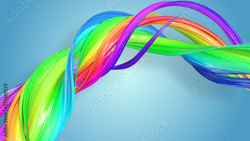 Beautiful multicolored ribbon glitters brightly. Abstract rainbow color ribbon twisted into a circular structure on a blue background. 43
