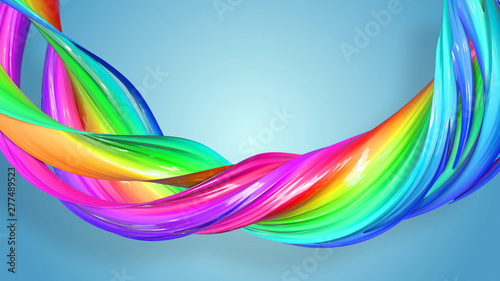 Beautiful multicolored ribbon glitters brightly. Abstract rainbow color ribbon twisted into a circular structure on a blue background. 51 © Green Wind