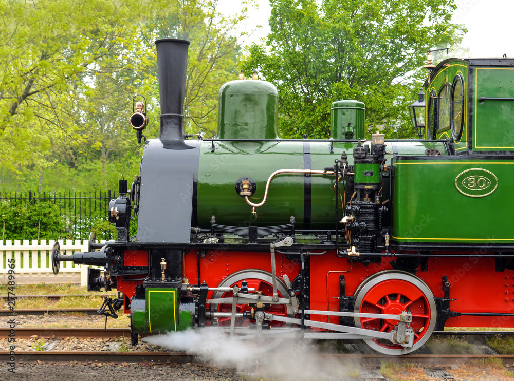Naklejka premium Vintage green steam locomotive with railway carriages, green trees as background. Railway and trains.