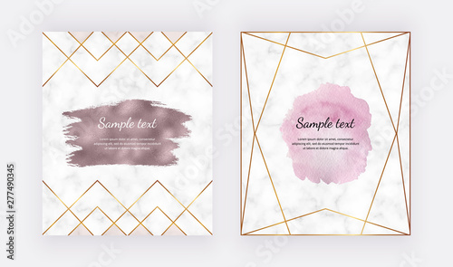 Cards with pink watercolor and rose gold foil brush stroke texture, polygonal lines, frame on the marble texture. Trendy templates for banner, flyer, poster, greeting, wedding invitation