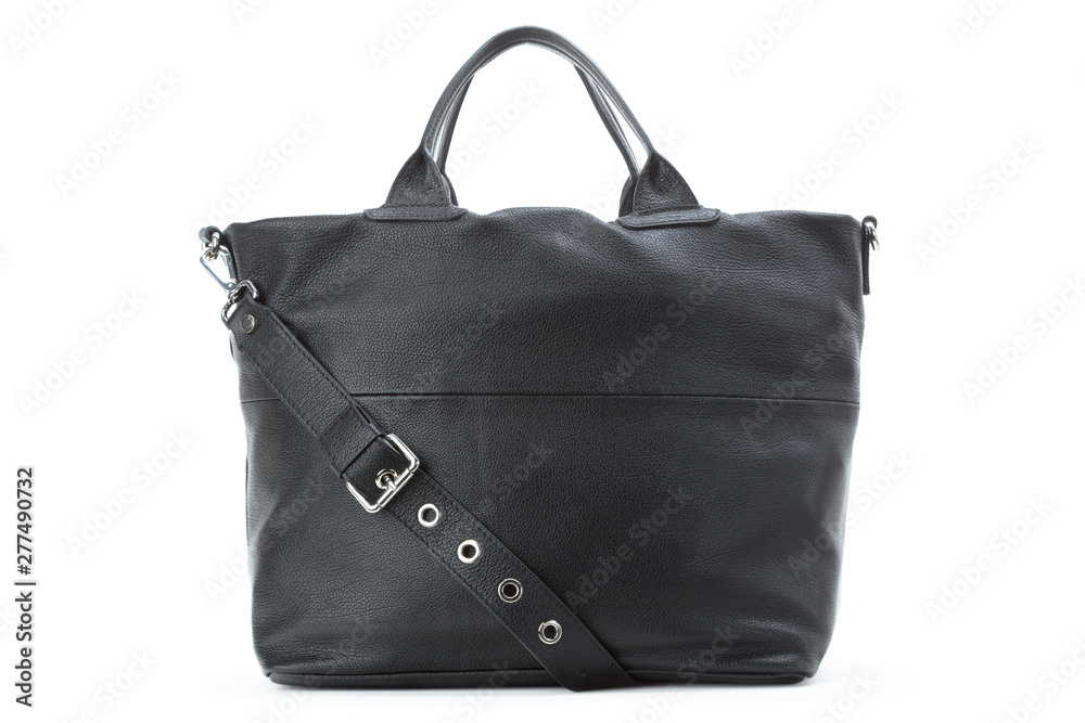 Fototapeta premium Black leather female handbag isolated on white background
