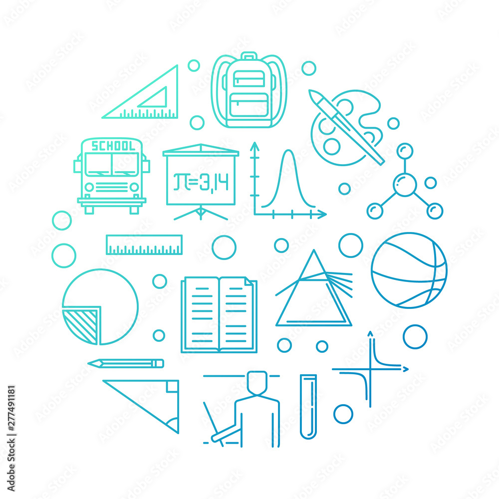 Fototapeta premium Back to School vector concept round minimal outline illustration on white background