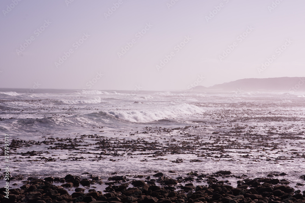Waves crashing into rocks on coastline