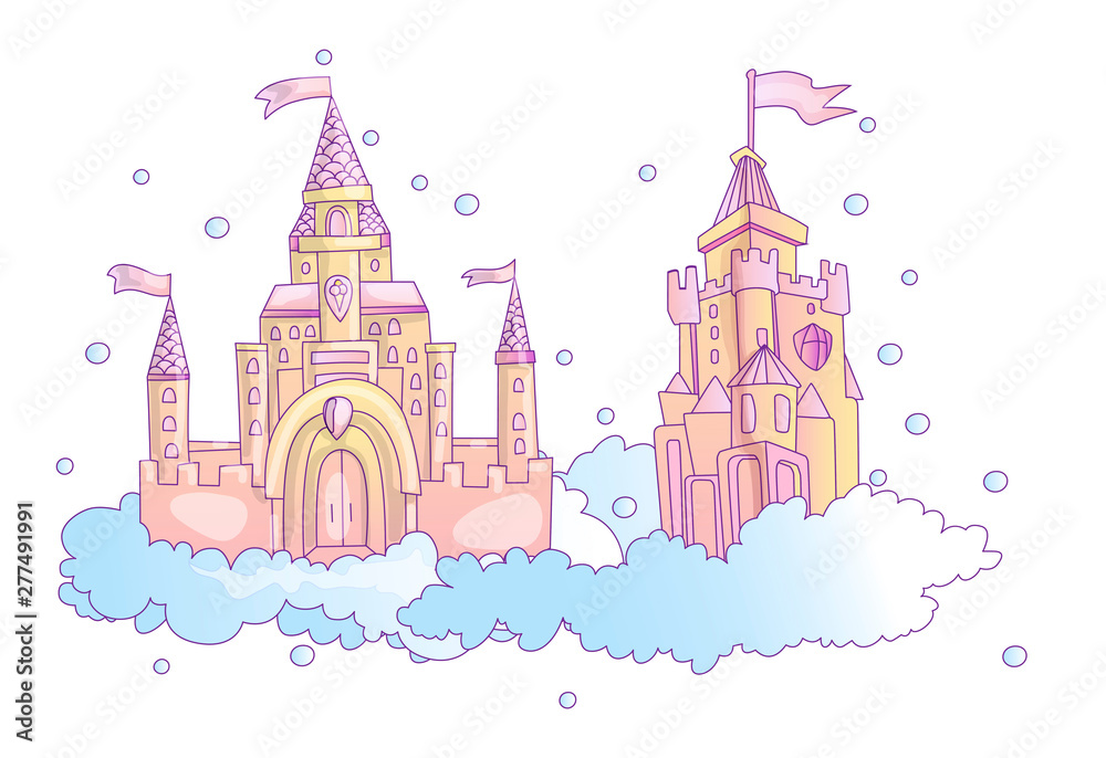 vector cartoon illustration of pink princess magic castle in clouds. pink princess magic castle in blue clouds, with flags and torrets, pastel pink color. Cute cartoon princess castle sticker