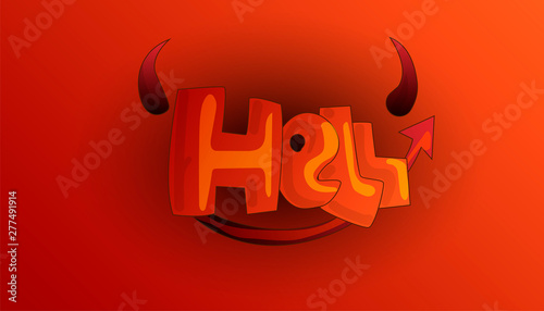 Cartoon word Hell with devil horns and tail in red and dark color, isolated on red background. Hell devil word, cute cartoon style. Cartoon heck with horn and red tail, funny isolated illustration